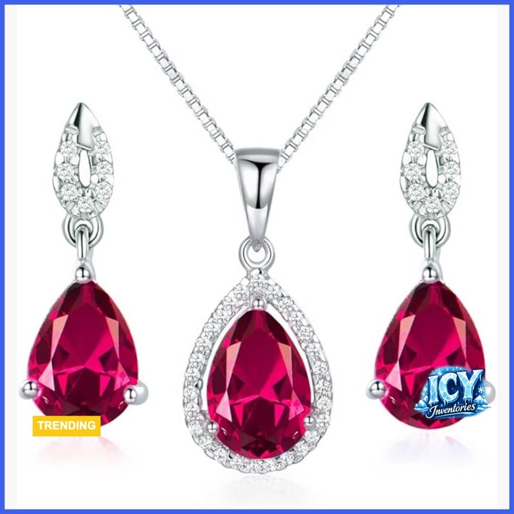 925 Sterling Silver Rhodium Plated Ruby Jewelry Set with Italian Box Chain